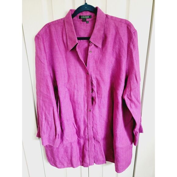 Lauren Ralph Lauren‎ 2X Shirt Women's Button Up Blouse Top Linen Purple LRL - Picture 1 of 6